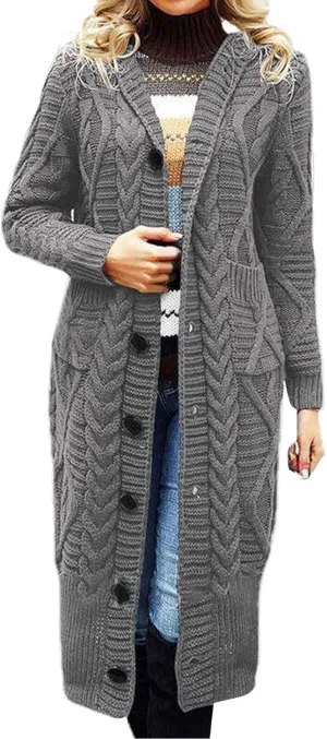 Women's Long Cardigan Chunky Cable Knit Sweater Hooded Coat Open Front Button Down Coatigan Oversized Cardigans