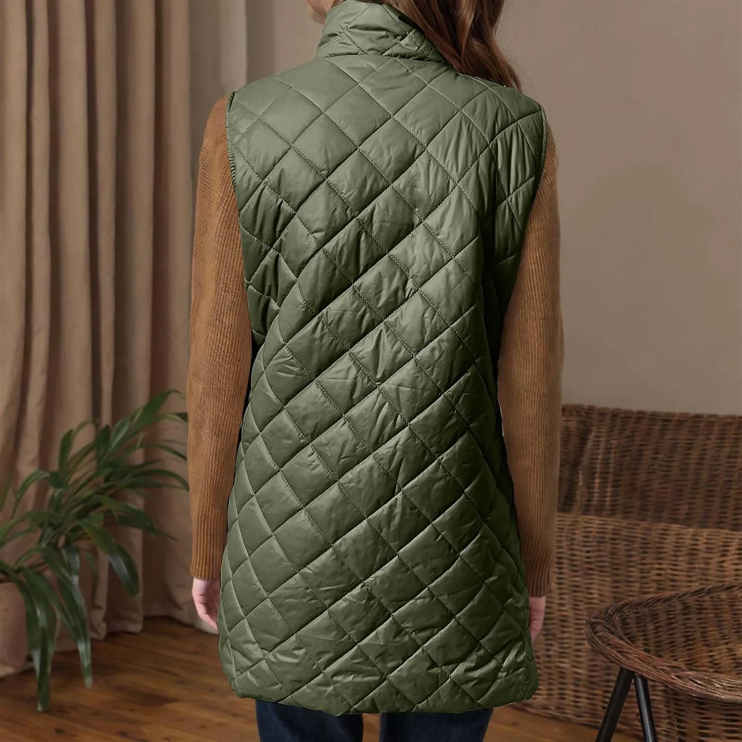 Womens Long Puffer Vest 2024 Sleeveless Zip Up Vest Long Winter Vest Quilted Down Coat Lightweight Trendy Vest Jacket