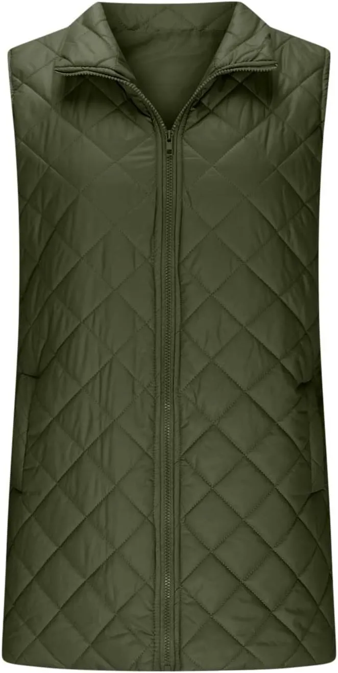 Womens Long Puffer Vest 2024 Sleeveless Zip Up Vest Long Winter Vest Quilted Down Coat Lightweight Trendy Vest Jacket