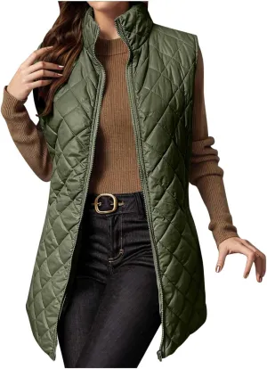 Womens Long Puffer Vest 2024 Sleeveless Zip Up Vest Long Winter Vest Quilted Down Coat Lightweight Trendy Vest Jacket