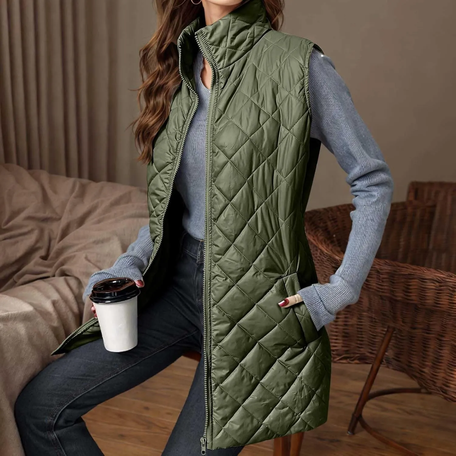 Womens Long Puffer Vest 2024 Sleeveless Zip Up Vest Long Winter Vest Quilted Down Coat Lightweight Trendy Vest Jacket