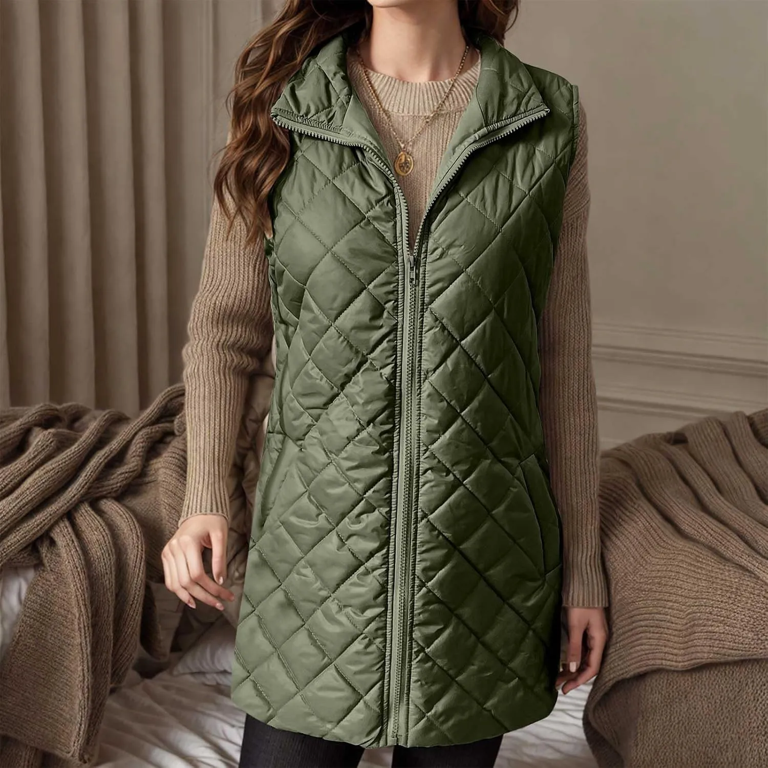 Womens Long Puffer Vest 2024 Sleeveless Zip Up Vest Long Winter Vest Quilted Down Coat Lightweight Trendy Vest Jacket