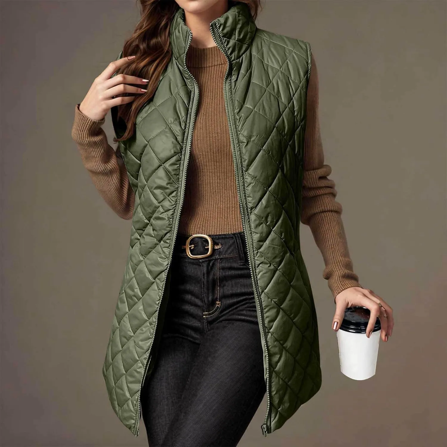 Womens Long Puffer Vest 2024 Sleeveless Zip Up Vest Long Winter Vest Quilted Down Coat Lightweight Trendy Vest Jacket