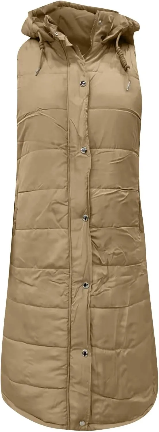Womens Long Puffer Vest Winter Casual Sleeveless Full Zip Hooded Puffer Jacket Packable Lightweight Quilted Jacket Down Coats