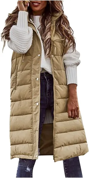 Womens Long Puffer Vest Winter Casual Sleeveless Full Zip Hooded Puffer Jacket Packable Lightweight Quilted Jacket Down Coats