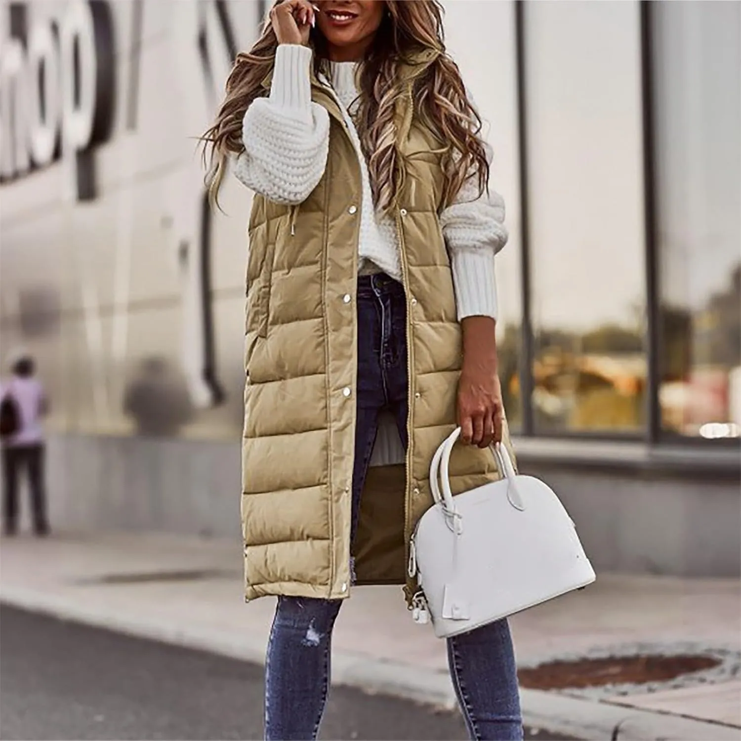 Womens Long Puffer Vest Winter Casual Sleeveless Full Zip Hooded Puffer Jacket Packable Lightweight Quilted Jacket Down Coats