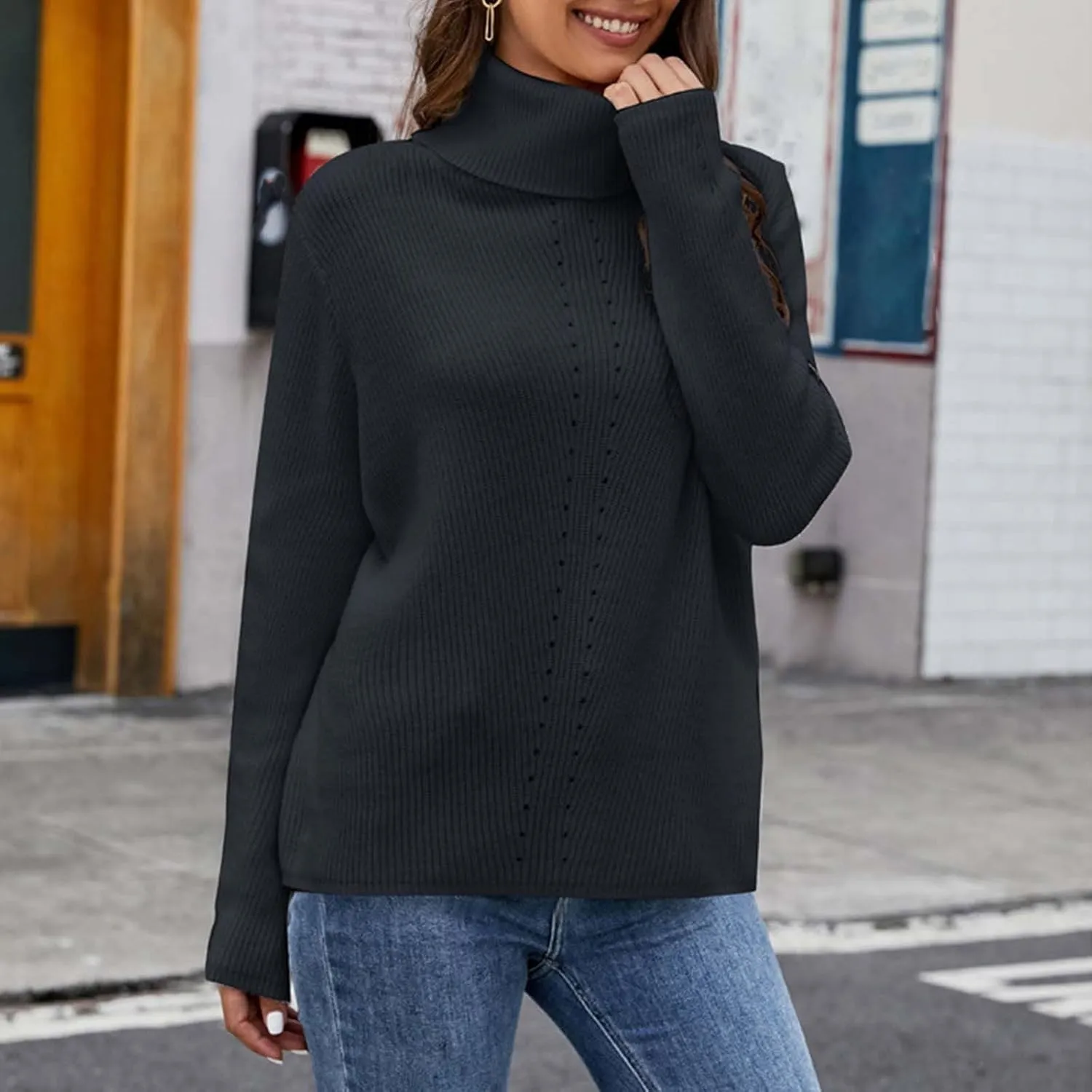 Women's Oversized Long Sleeve Shirt Turtleneck Ribbed Knit Sweater Casual Loose Pullover Tops Fall Outfits Clothes