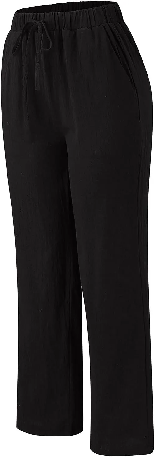 Women's Pants Wide Leg Casual High Waisted Pants Linen Drawstring Elastic Straight Y2K Lounge Summer Beach Trousers