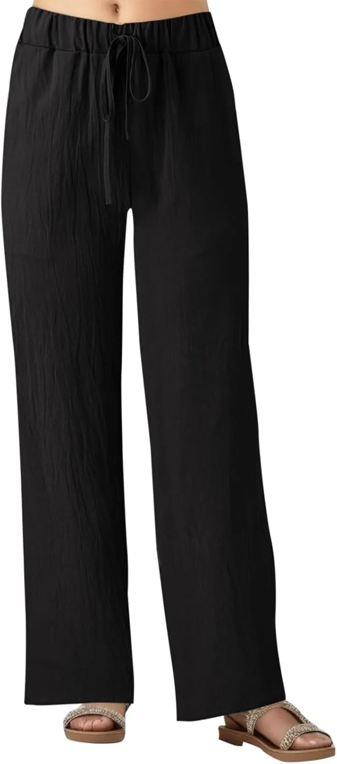 Women's Pants Wide Leg Casual High Waisted Pants Linen Drawstring Elastic Straight Y2K Lounge Summer Beach Trousers