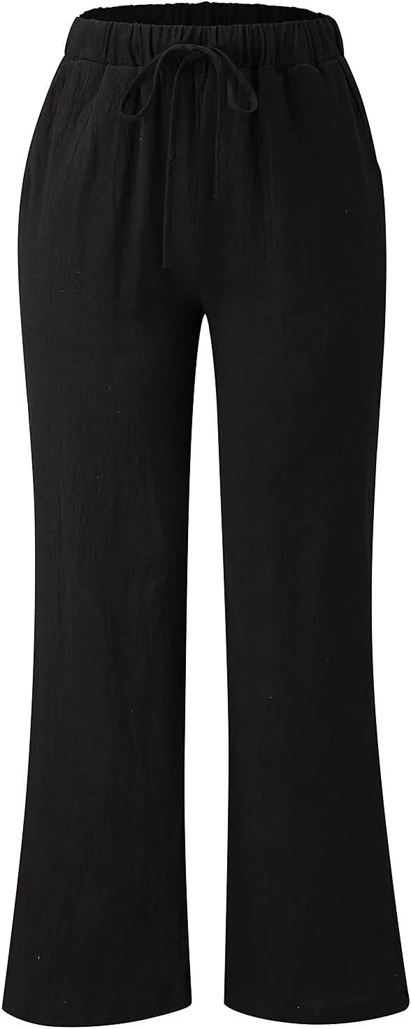Women's Pants Wide Leg Casual High Waisted Pants Linen Drawstring Elastic Straight Y2K Lounge Summer Beach Trousers