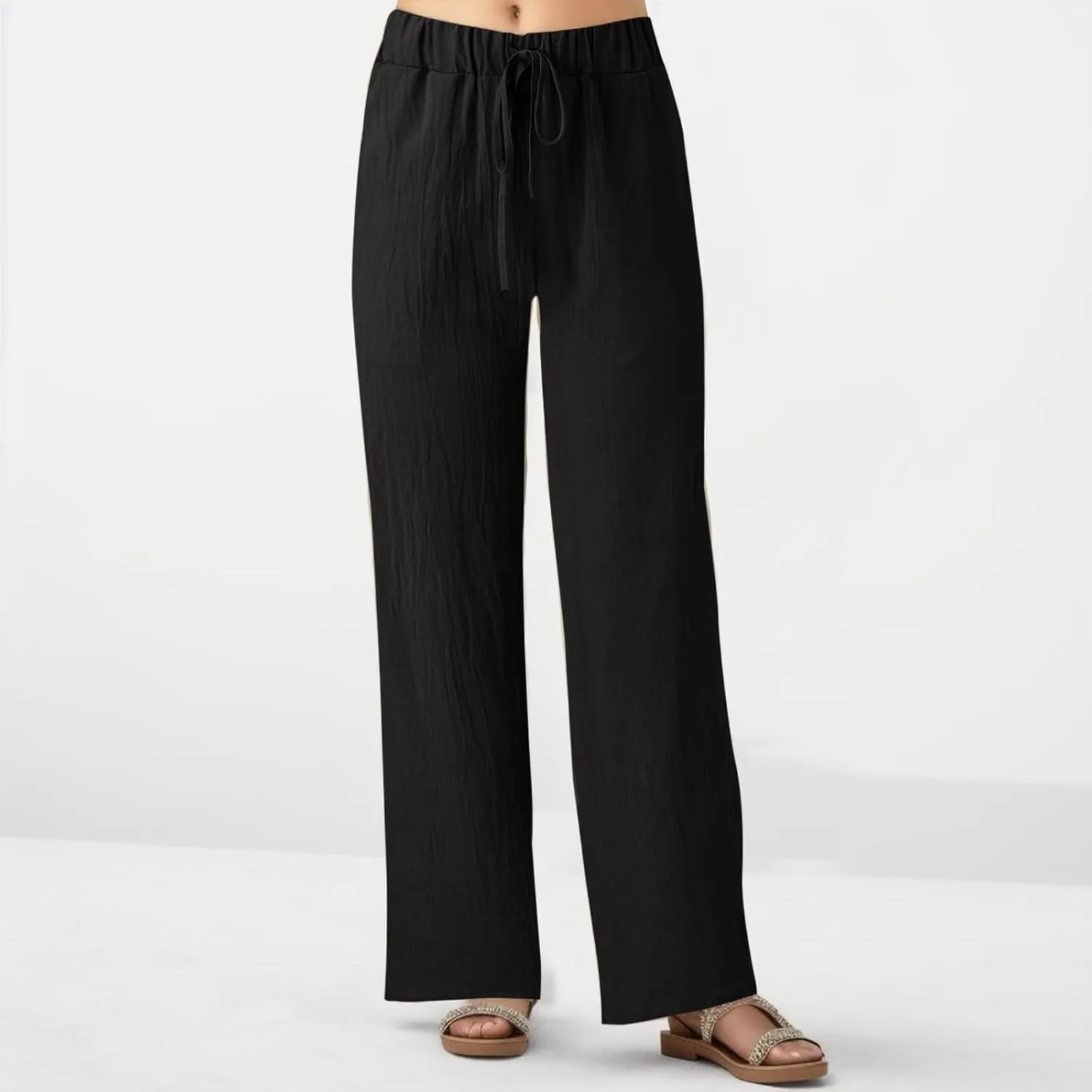 Women's Pants Wide Leg Casual High Waisted Pants Linen Drawstring Elastic Straight Y2K Lounge Summer Beach Trousers