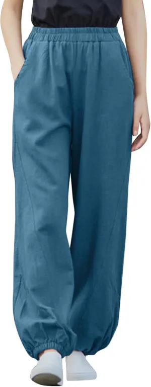 Women's Parachute Pants Joggers Cotton Linen Lounge Sweatpants Elastic Waist Casual Running Track Pants with Pockets