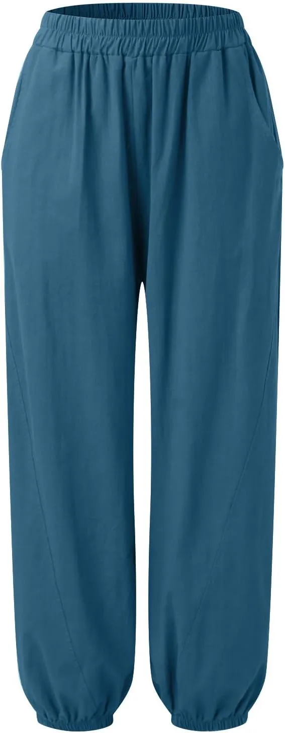 Women's Parachute Pants Joggers Cotton Linen Lounge Sweatpants Elastic Waist Casual Running Track Pants with Pockets