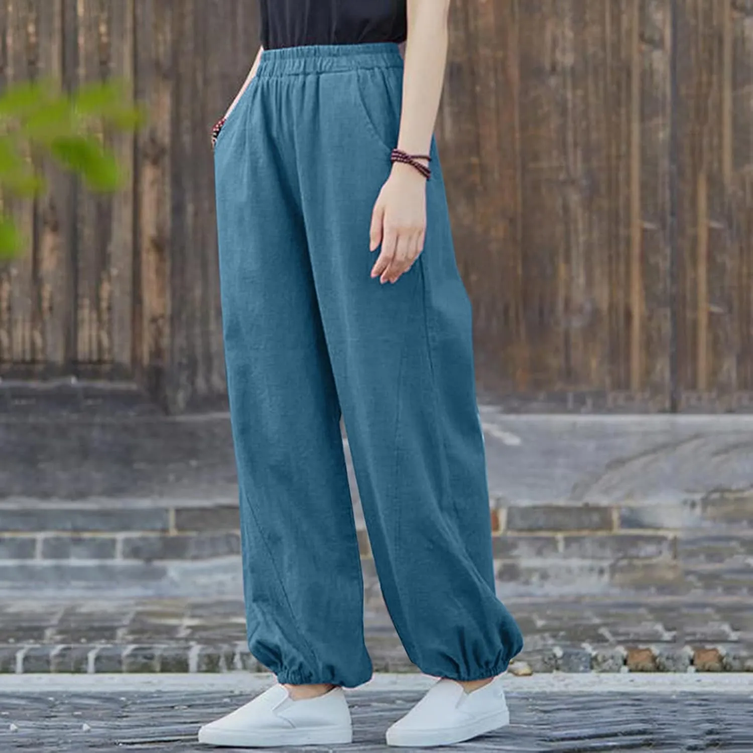 Women's Parachute Pants Joggers Cotton Linen Lounge Sweatpants Elastic Waist Casual Running Track Pants with Pockets