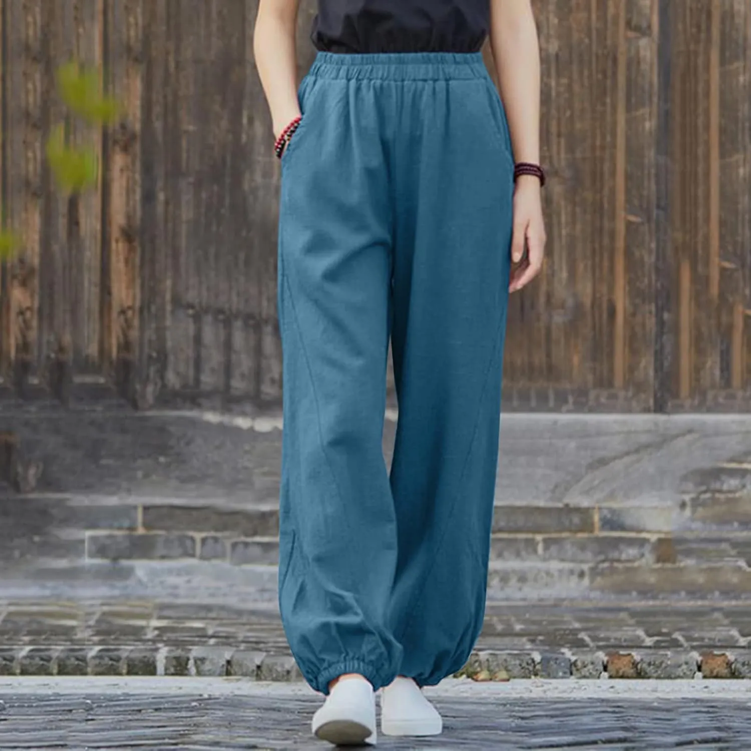 Women's Parachute Pants Joggers Cotton Linen Lounge Sweatpants Elastic Waist Casual Running Track Pants with Pockets