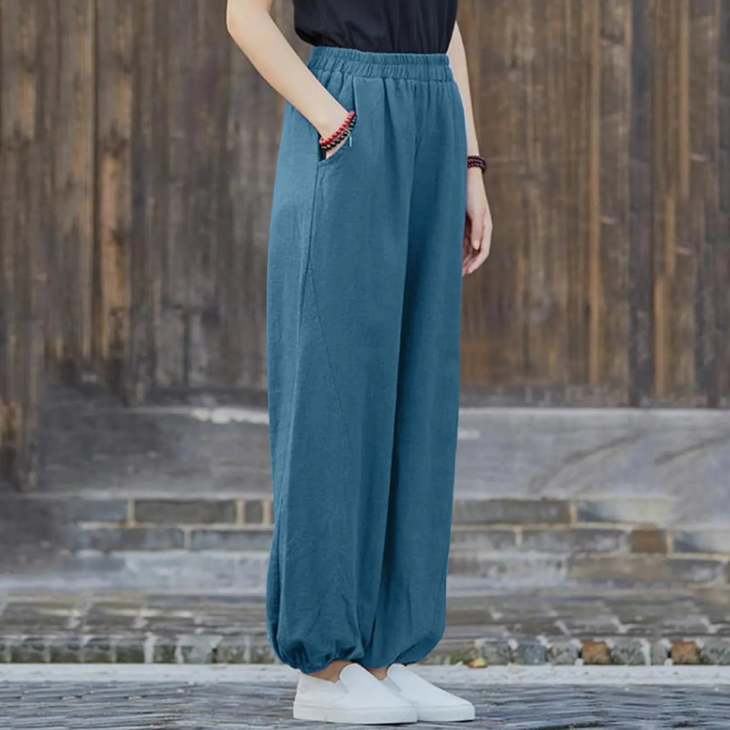 Women's Parachute Pants Joggers Cotton Linen Lounge Sweatpants Elastic Waist Casual Running Track Pants with Pockets