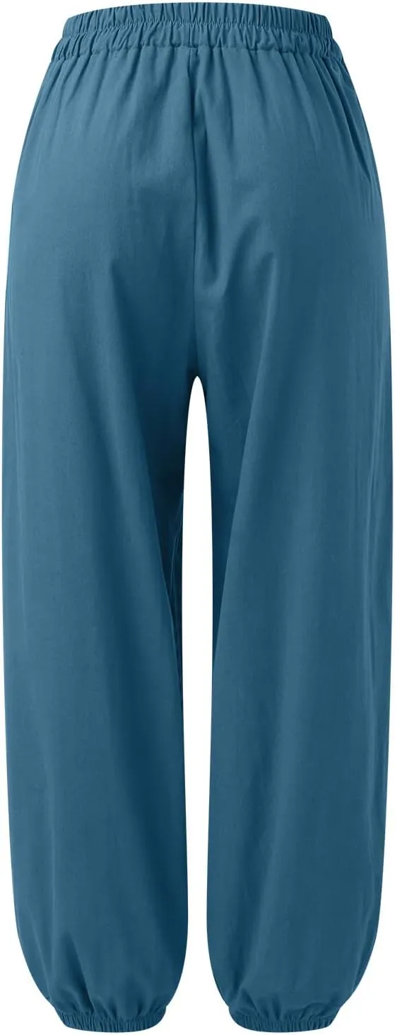 Women's Parachute Pants Joggers Cotton Linen Lounge Sweatpants Elastic Waist Casual Running Track Pants with Pockets