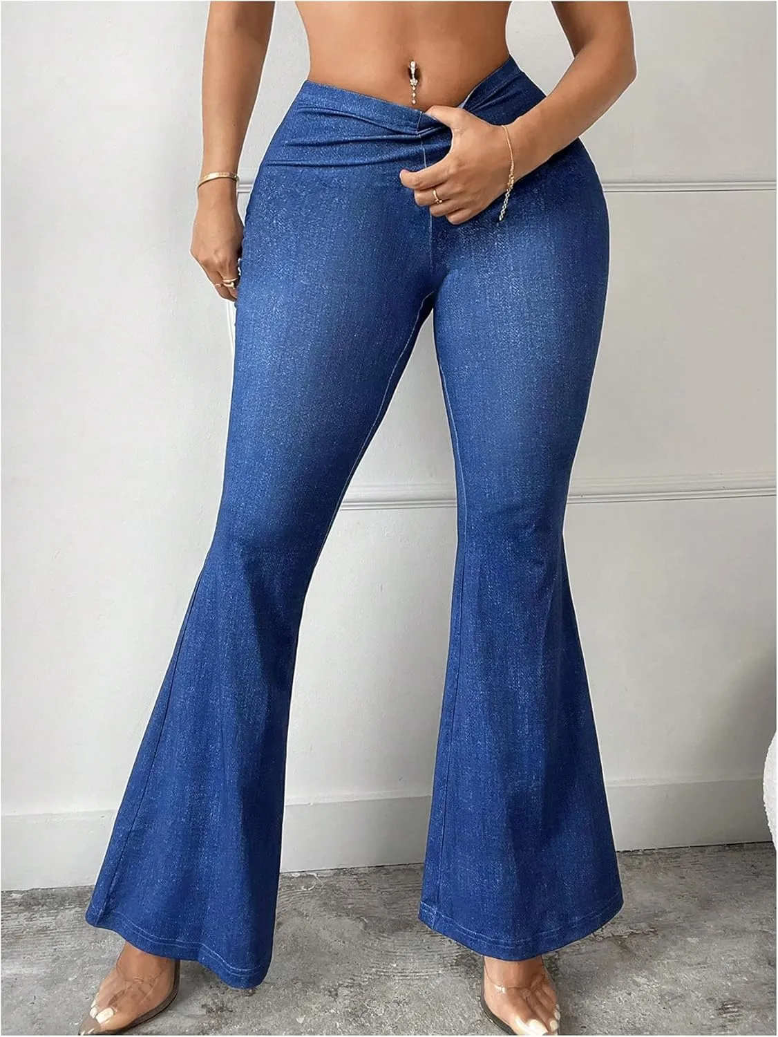 Women's Plus Size Skinny Flare Pants High Waisted Denim Print Bell Bottoms Long Trousers