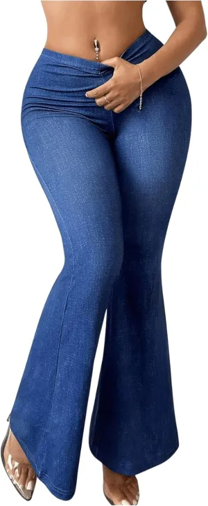 Women's Plus Size Skinny Flare Pants High Waisted Denim Print Bell Bottoms Long Trousers