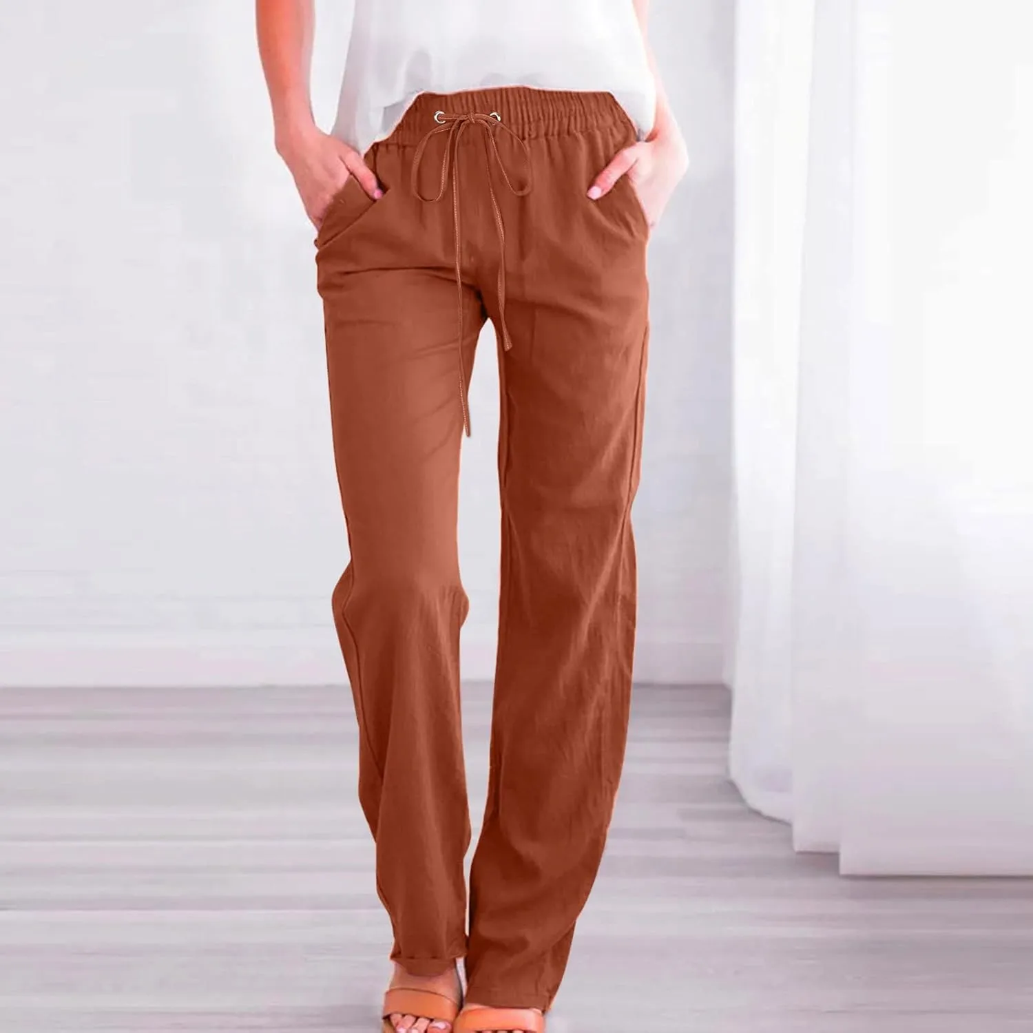 Women's Plus Size Summer Pants Straight Leg Linen Pants High Waisted Pants Loose Beach Pants Casual Vacation Trousers