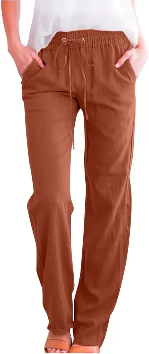 Women's Plus Size Summer Pants Straight Leg Linen Pants High Waisted Pants Loose Beach Pants Casual Vacation Trousers
