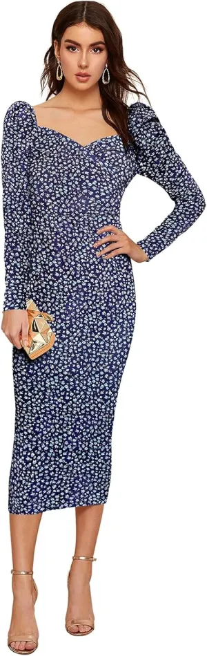 Women's Printed Partywear and Casual Bodycon Midi Dress with Puff Sleeves