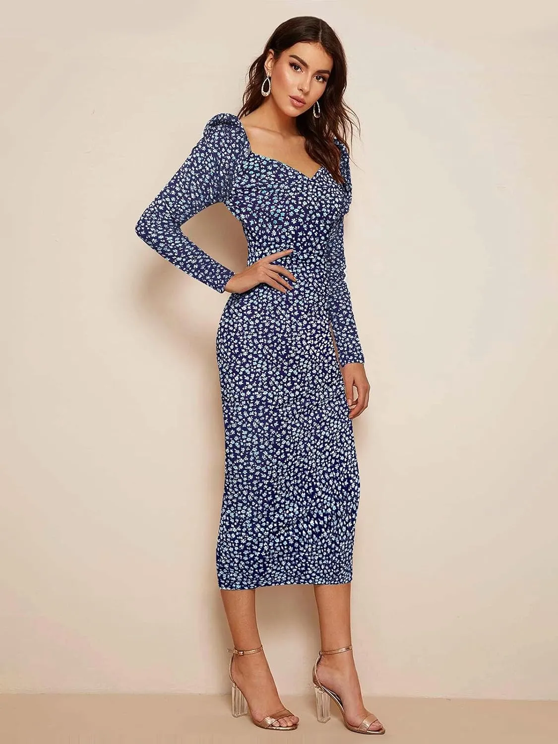 Women's Printed Partywear and Casual Bodycon Midi Dress with Puff Sleeves