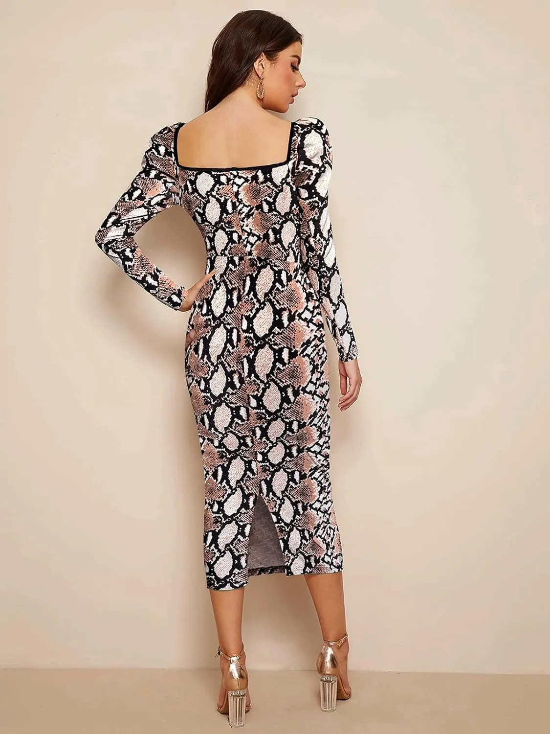 Women's Printed Partywear and Casual Bodycon Midi Dress with Puff Sleeves