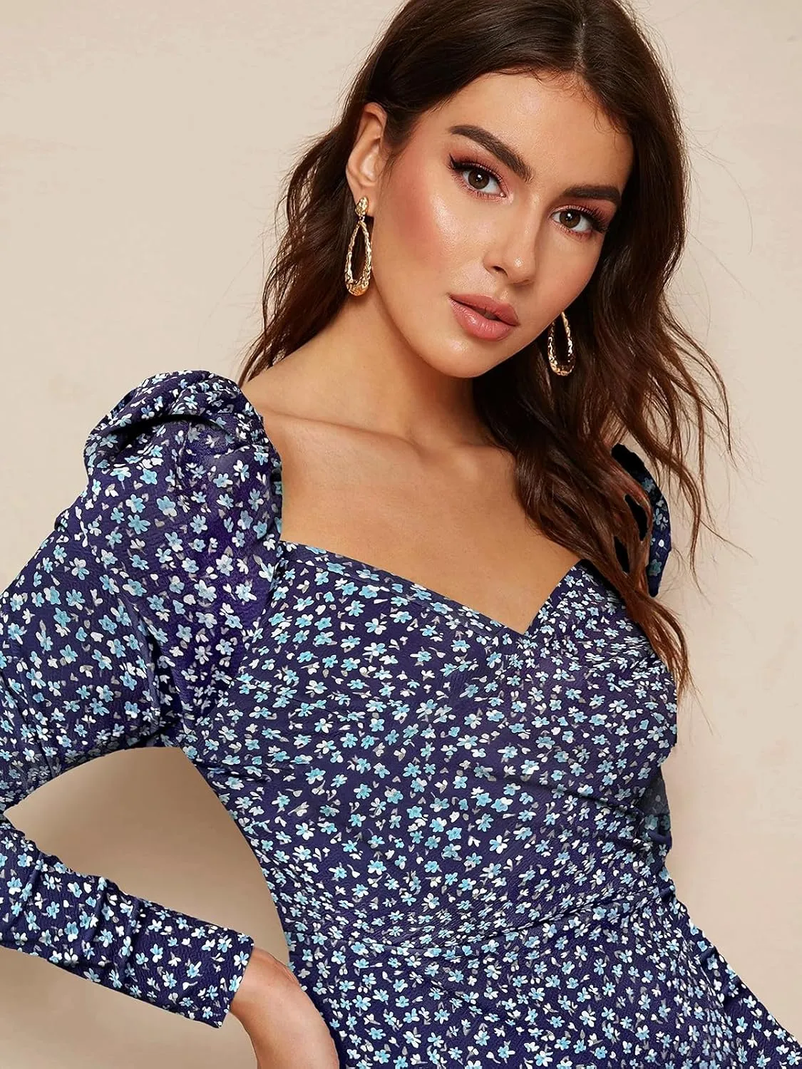 Women's Printed Partywear and Casual Bodycon Midi Dress with Puff Sleeves