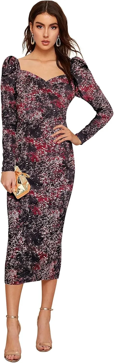 Women's Printed Partywear and Casual Bodycon Midi Dress with Puff Sleeves