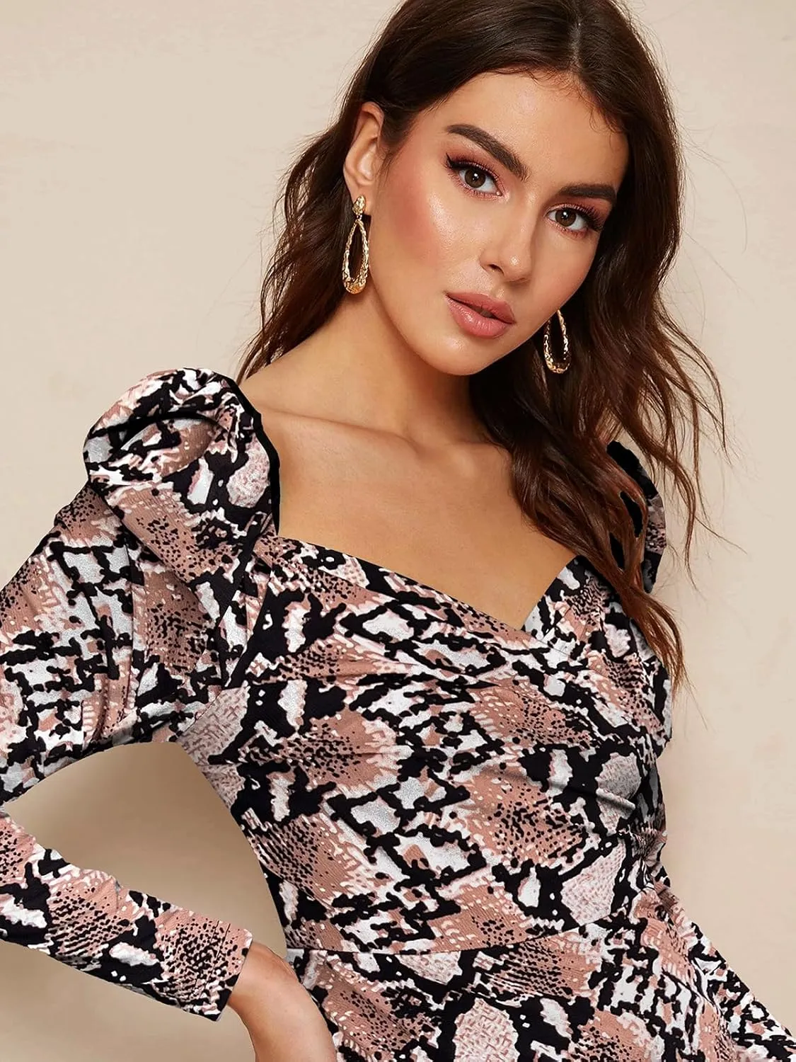 Women's Printed Partywear and Casual Bodycon Midi Dress with Puff Sleeves