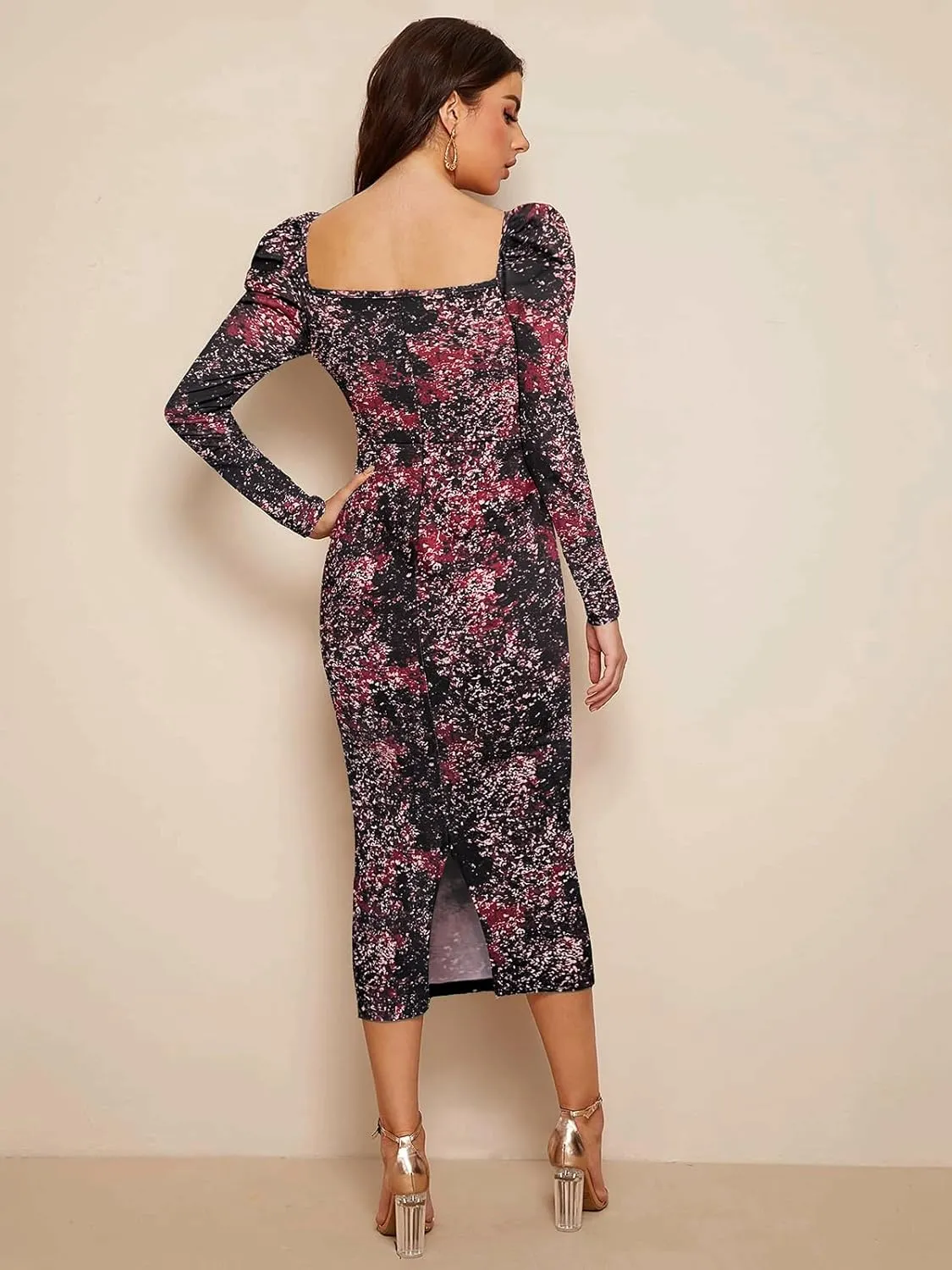Women's Printed Partywear and Casual Bodycon Midi Dress with Puff Sleeves