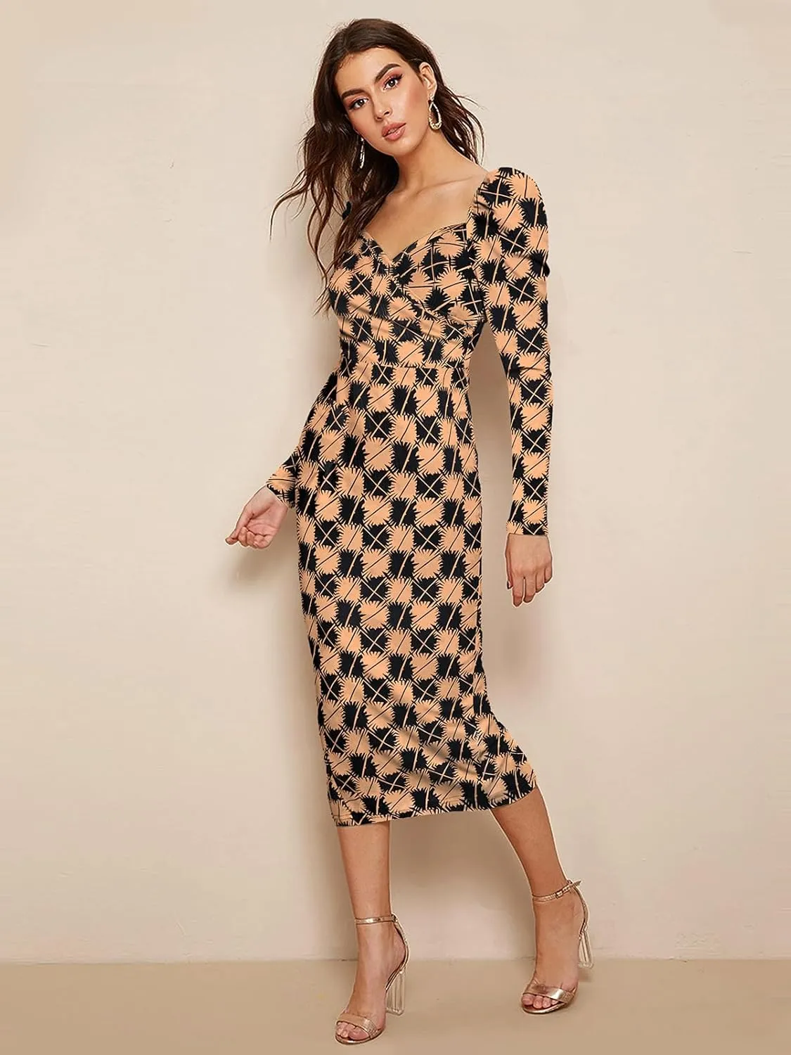 Women's Printed Partywear and Casual Bodycon Midi Dress with Puff Sleeves
