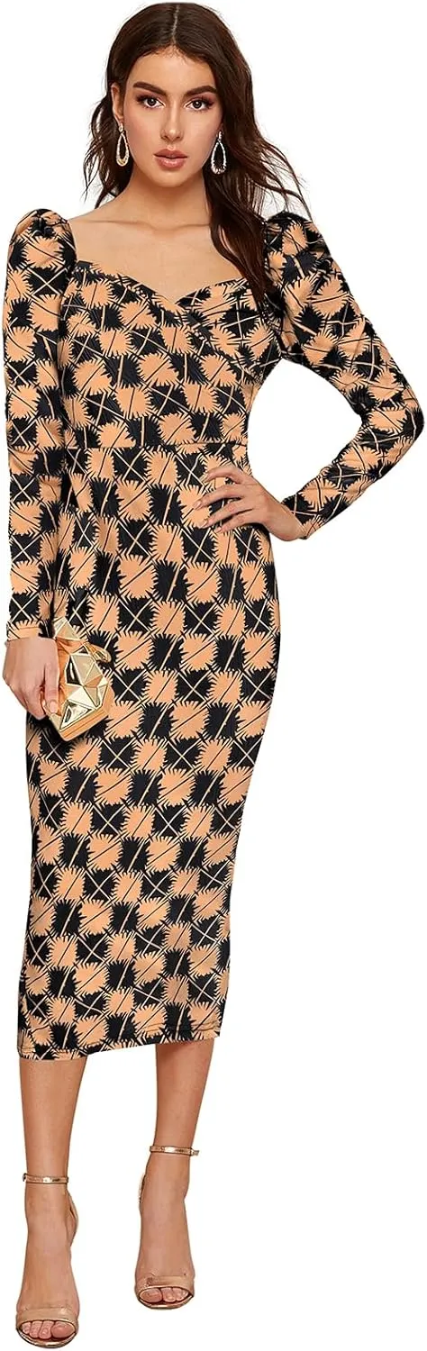 Women's Printed Partywear and Casual Bodycon Midi Dress with Puff Sleeves