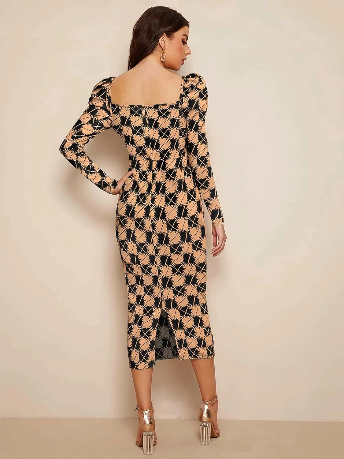 Women's Printed Partywear and Casual Bodycon Midi Dress with Puff Sleeves