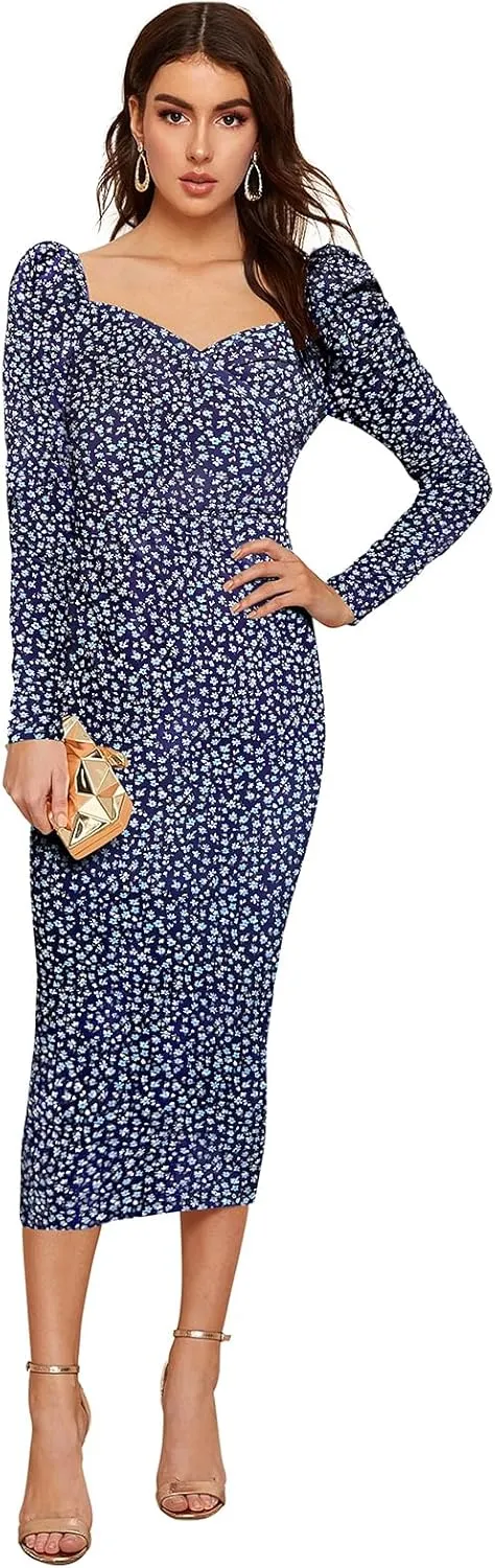 Women's Printed Partywear and Casual Bodycon Midi Dress with Puff Sleeves