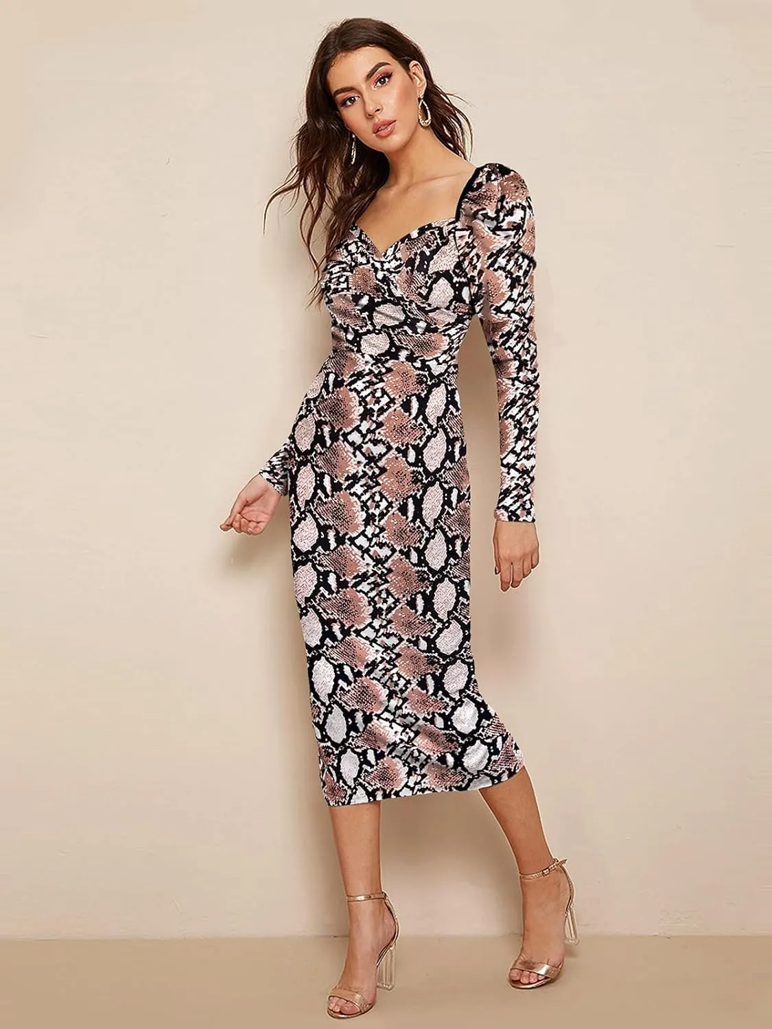 Women's Printed Partywear and Casual Bodycon Midi Dress with Puff Sleeves