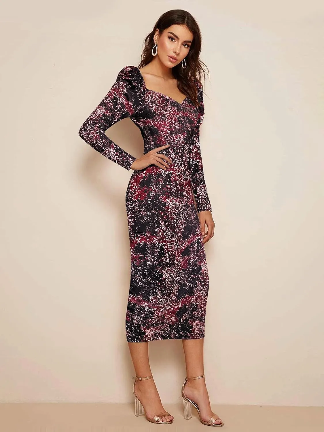 Women's Printed Partywear and Casual Bodycon Midi Dress with Puff Sleeves