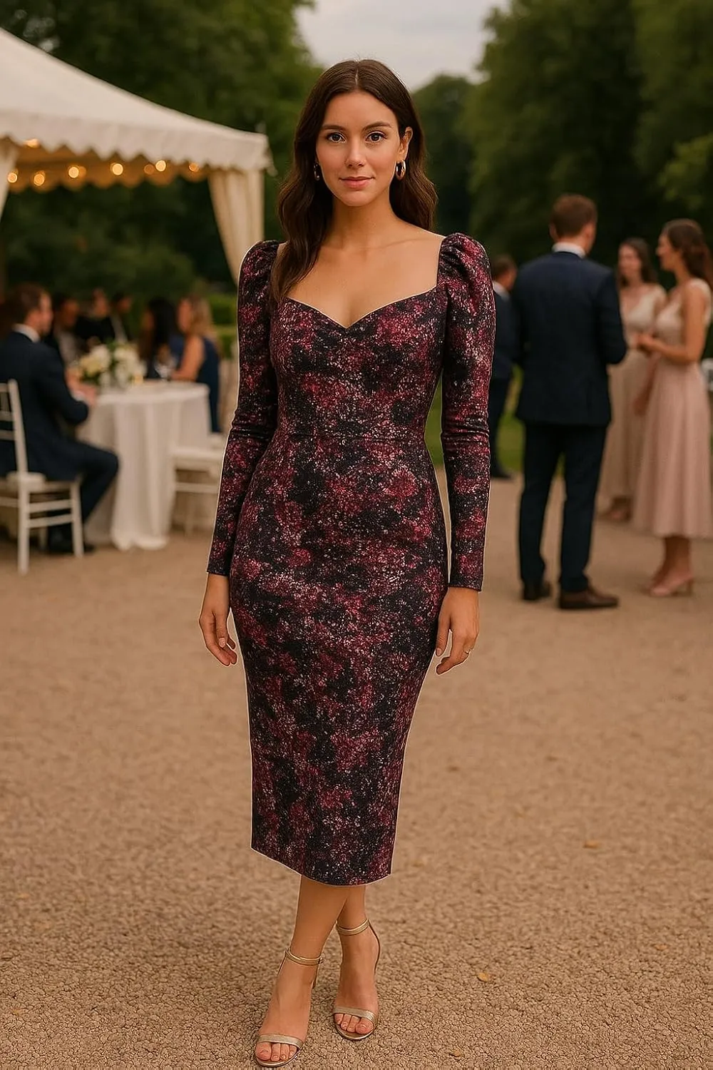 Women's Printed Partywear and Casual Bodycon Midi Dress with Puff Sleeves