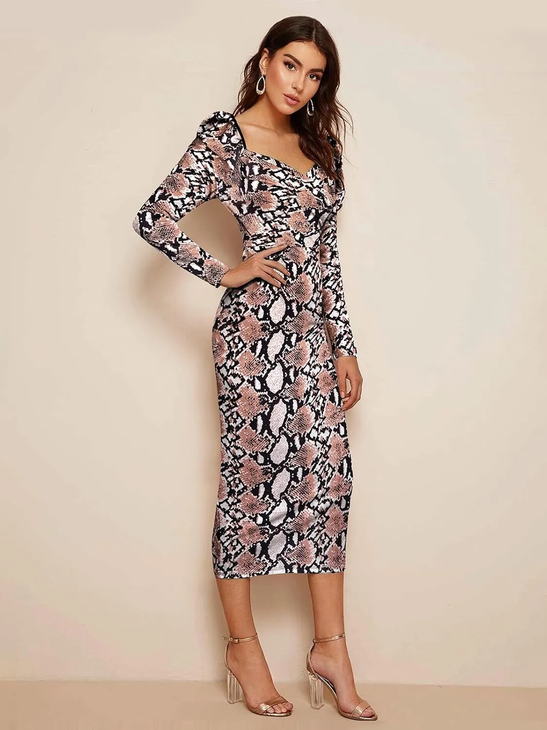 Women's Printed Partywear and Casual Bodycon Midi Dress with Puff Sleeves