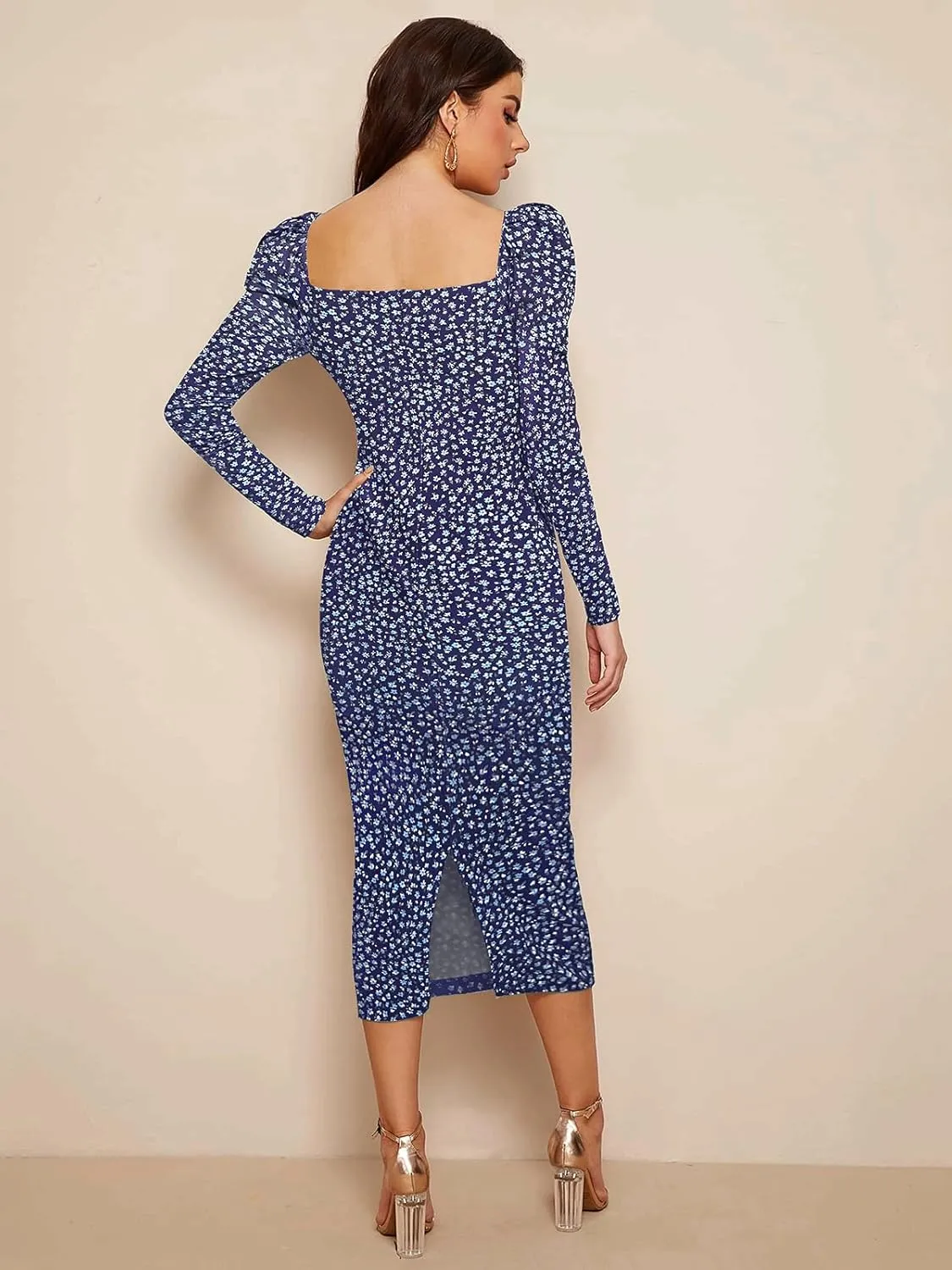 Women's Printed Partywear and Casual Bodycon Midi Dress with Puff Sleeves