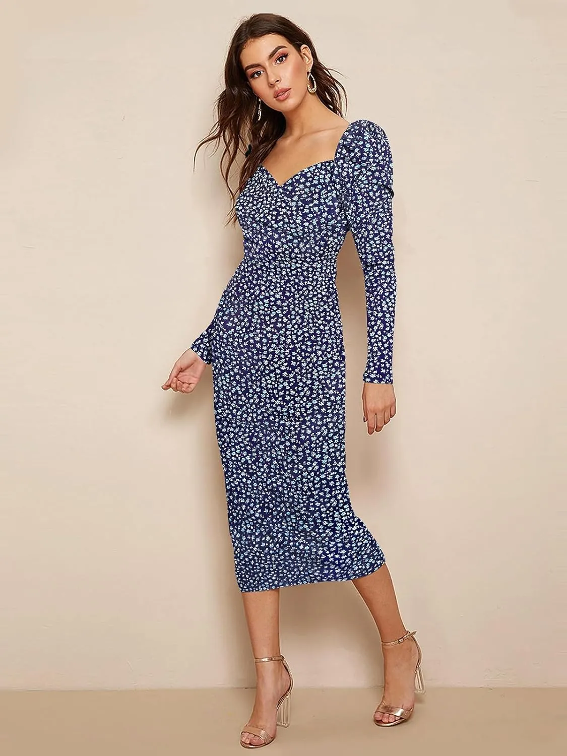 Women's Printed Partywear and Casual Bodycon Midi Dress with Puff Sleeves