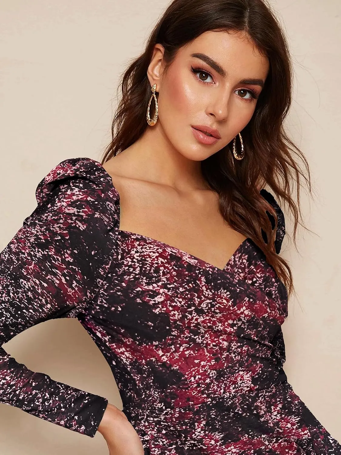 Women's Printed Partywear and Casual Bodycon Midi Dress with Puff Sleeves