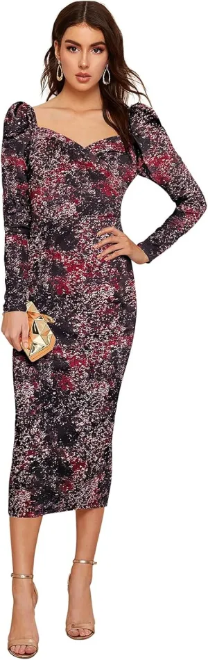 Women's Printed Partywear and Casual Bodycon Midi Dress with Puff Sleeves