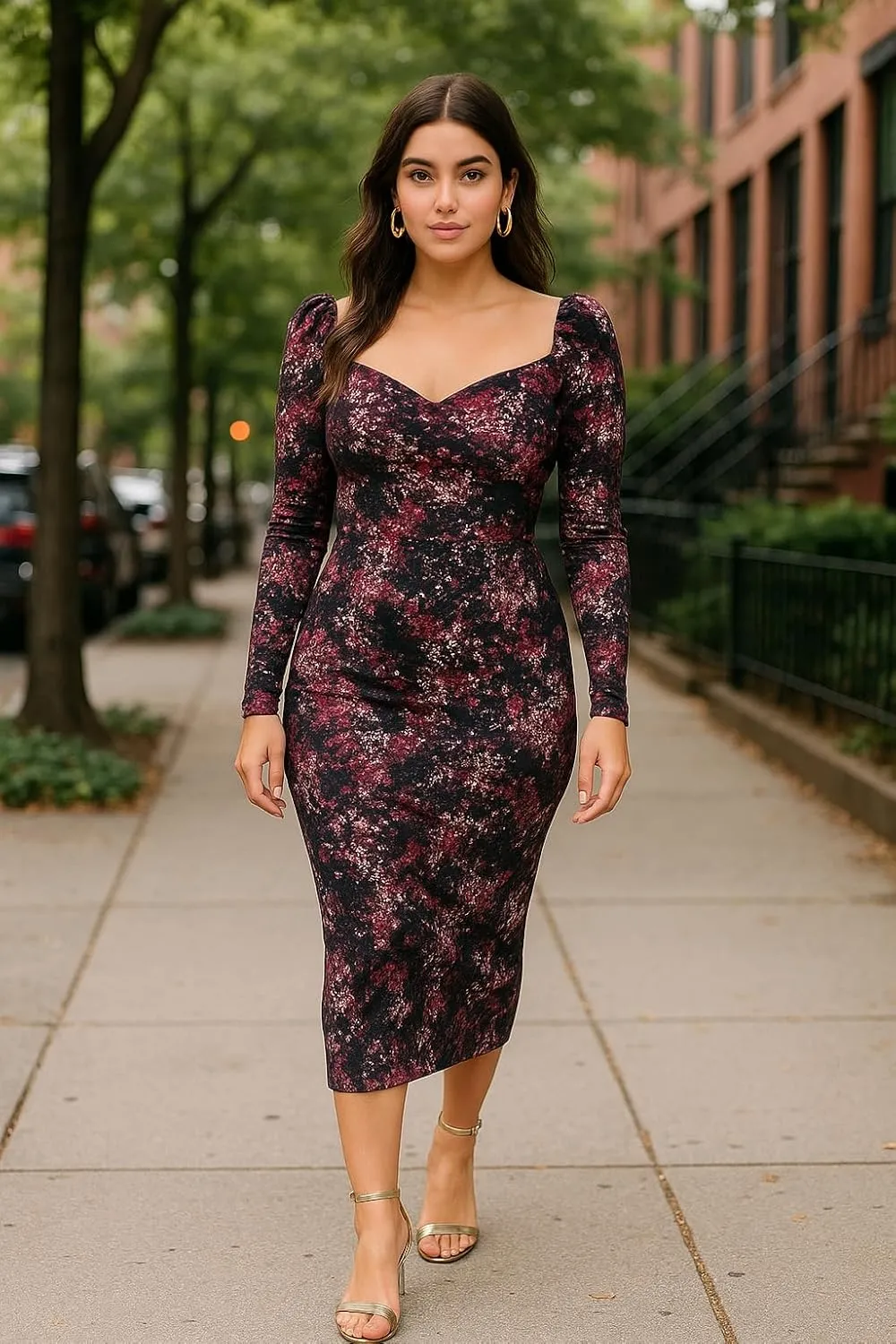 Women's Printed Partywear and Casual Bodycon Midi Dress with Puff Sleeves