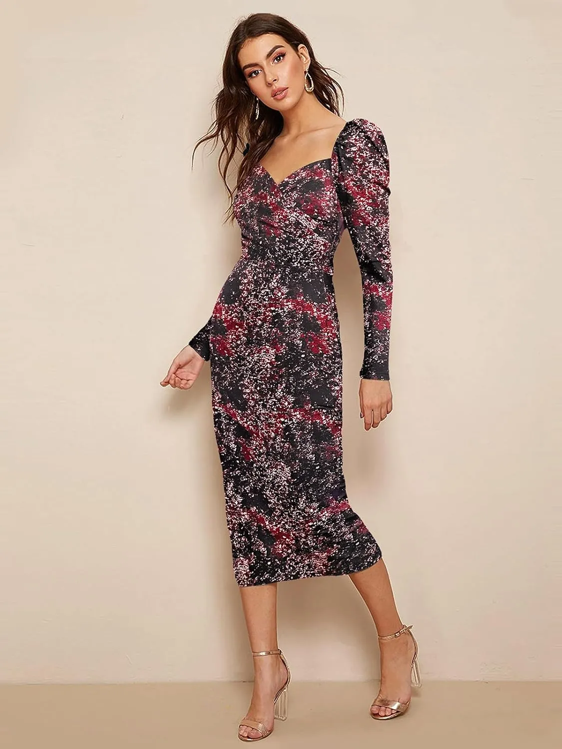 Women's Printed Partywear and Casual Bodycon Midi Dress with Puff Sleeves