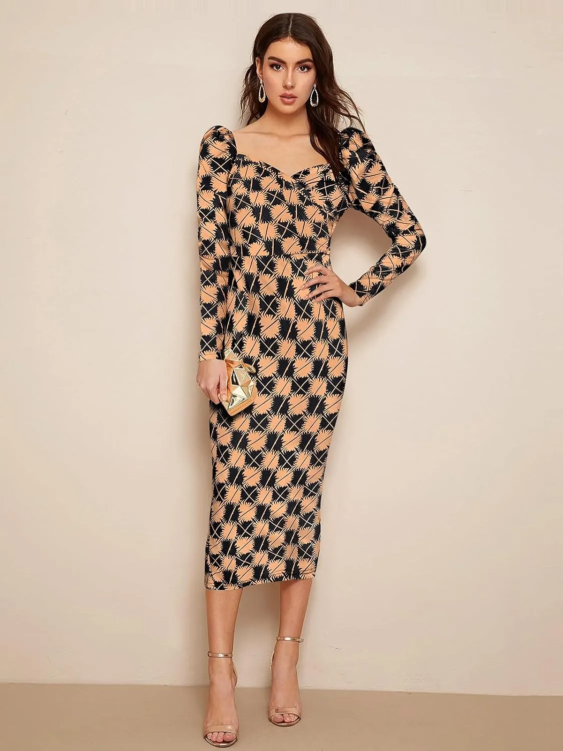 Women's Printed Partywear and Casual Bodycon Midi Dress with Puff Sleeves
