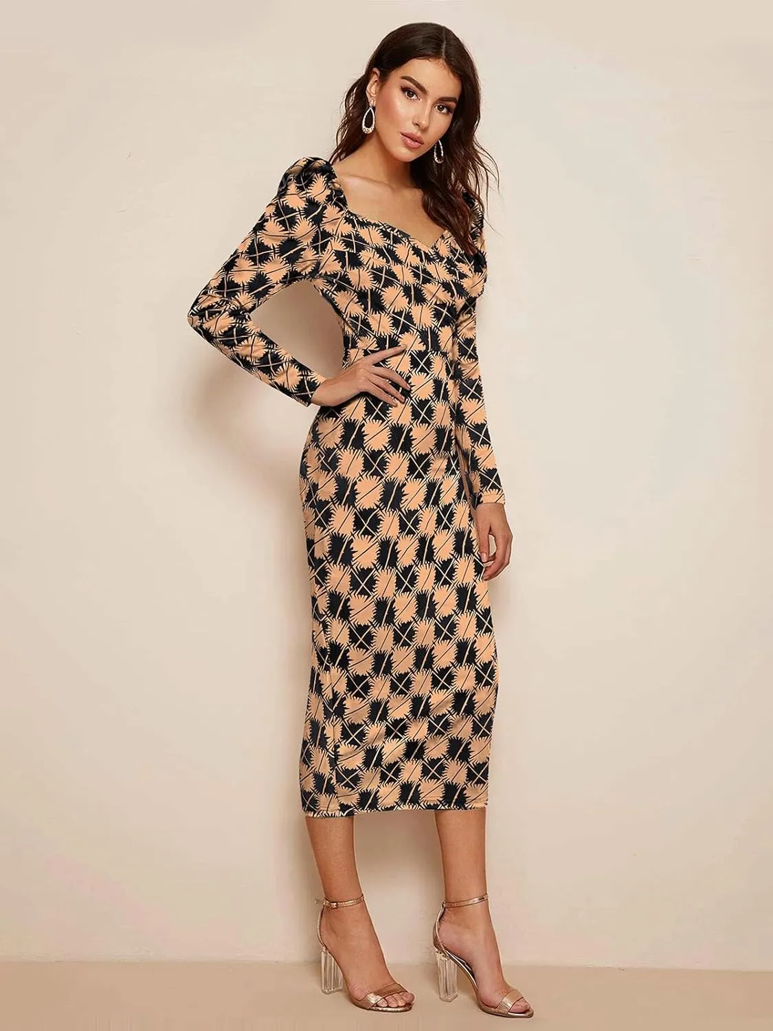 Women's Printed Partywear and Casual Bodycon Midi Dress with Puff Sleeves