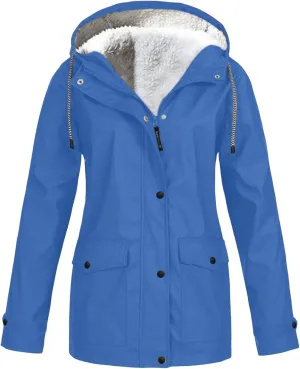 Womens Rain Jacket Sherpa Fleece Lined Hooded Coat Full Zip Button Jackets Outdoor Waterproof Travel Trench Coats