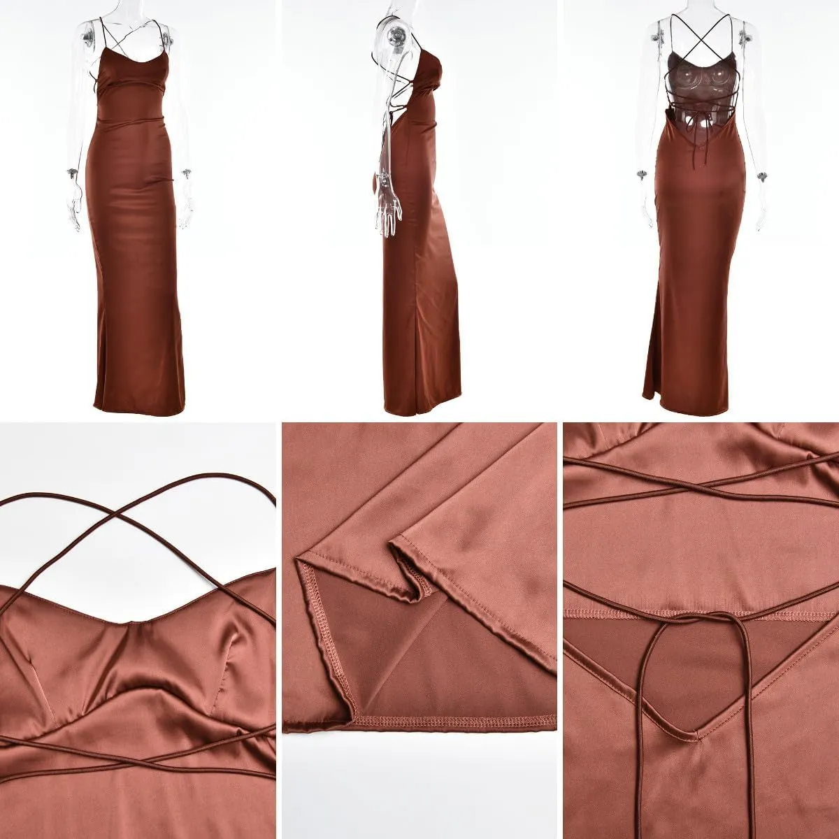 Women's Sexy Sleeveless Halter Satin Maxi Dress Elegant Backless Lace Up Mermaid Dresses for Party Cocktail Evening